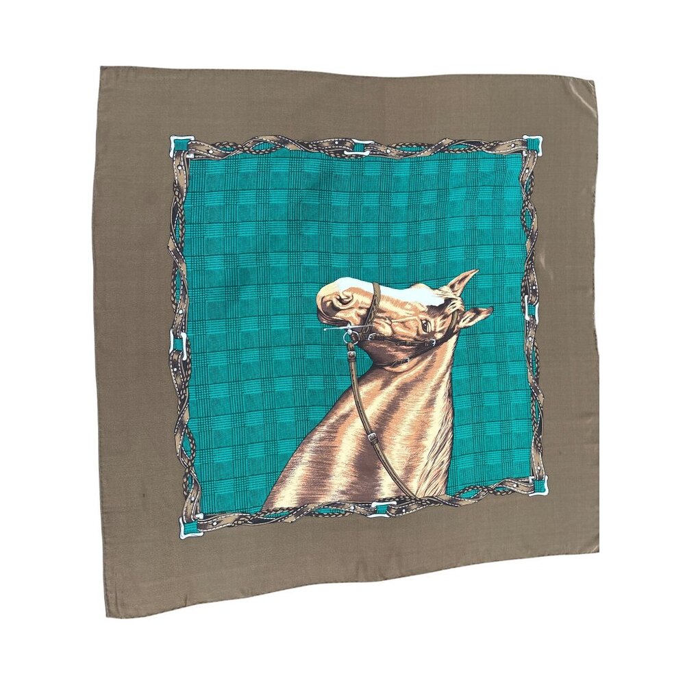 Vintage Horse Print Silk Scarf With Plaid & Leather-Like Bridle Design 34in Squa